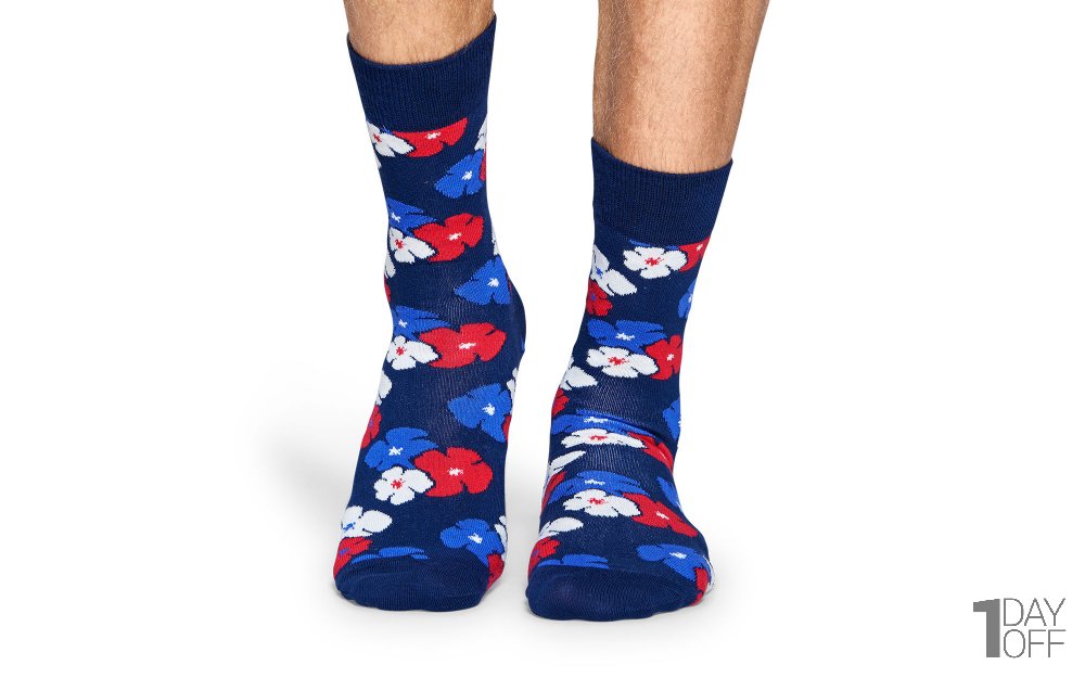 جوراب هپی‌ساکس (Happy Socks) کد 2569  طرح گل‌دار رنگ زمینه سورمه‌ای