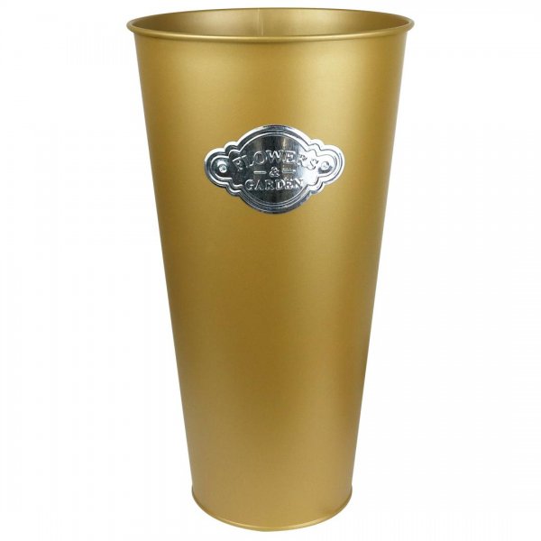 گلدان فلزی سطلی پلاک‌دار ابعاد 40x22x22 سانتی‌متر رنگ طلایی