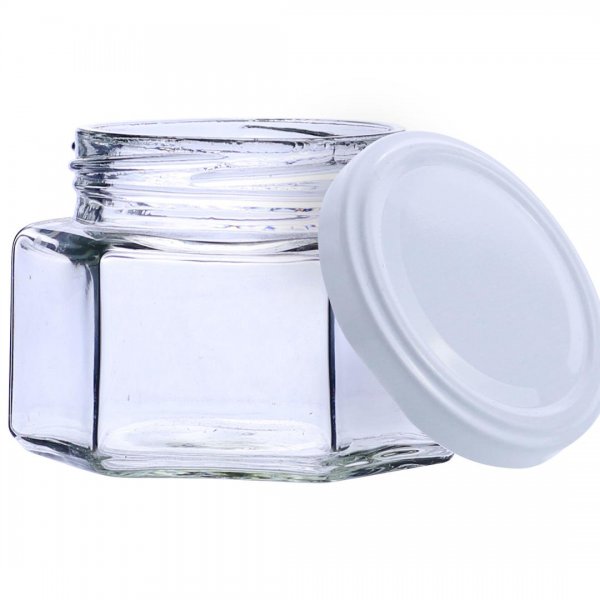 بانکه شیشه‌ای کوچک شش‌ضلعی با در سفید