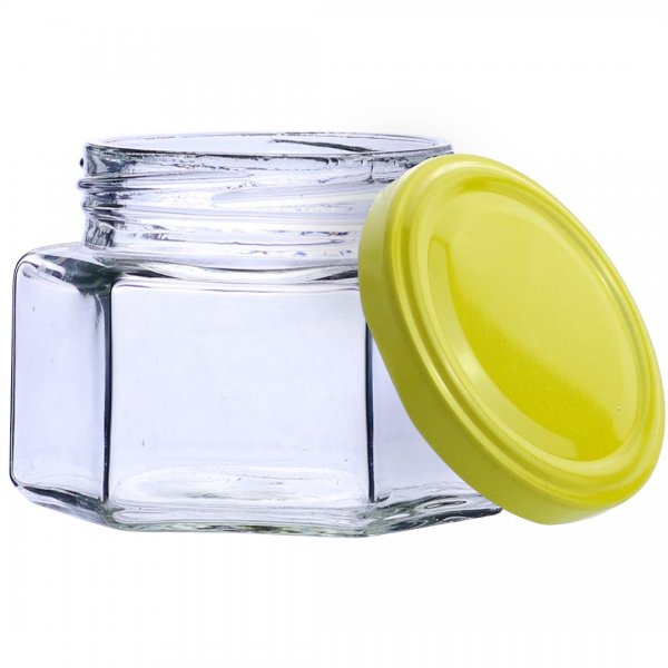 بانکه شیشه‌ای کوچک شش‌ضلعی با در زرد