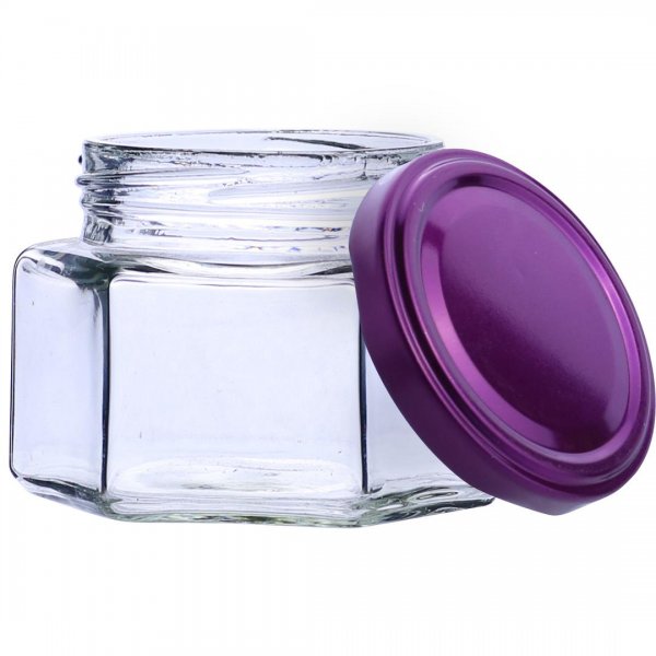 بانکه شیشه‌ای کوچک شش‌ضلعی با در بنفش