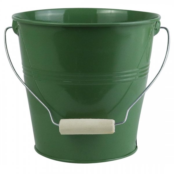 گلدان فلزی سطلی دسته یکسره چوبی تورینگ ابعاد 20x19x14.5 سانتی‌متر رنگ سبز زیتونی