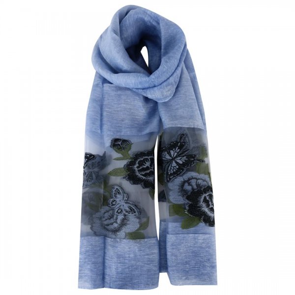 شال حریر رنگ آبی آسمانی با گل خاکستری کم‌رنگ 95 در 197 سانتی‌متر میس‌اسمارت کد 2341 