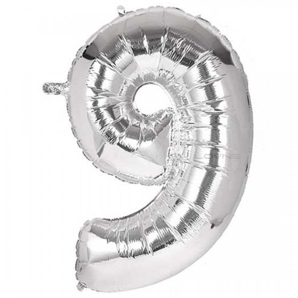 بادکنک فویلی عدد نه 81 سانتی‌متری رنگ نقره‌ای