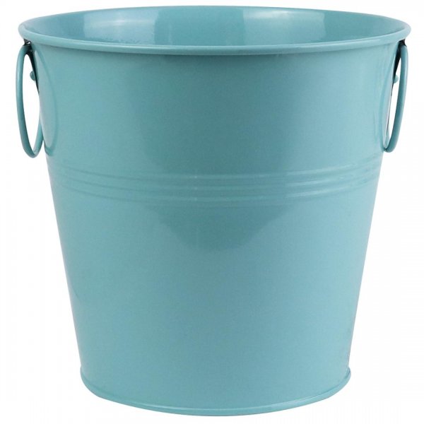 گلدان فلزی سطلی دسته‌ حلقه‌ای ابعاد 20x19x14.5 سانتی‌متر رنگ آبی آسمانی