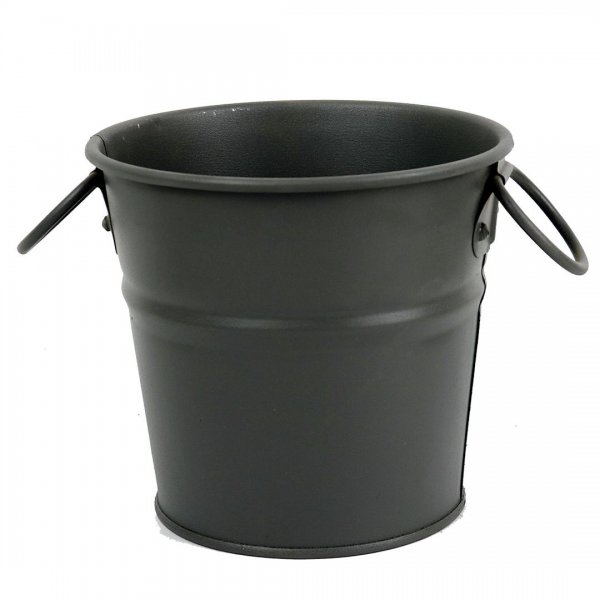 گلدان سطلی دسته‌ بغل فلزی قطر 14 و ارتفاع 13 سانتی‌متر رنگ خاکستری تیره مات