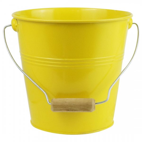 گلدان فلزی سطلی دسته یکسره چوبی تورینگ ابعاد 20x19x14.5 سانتی‌متر رنگ زرد