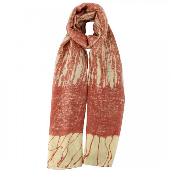  شال نخی طرح ریشه چاپی 90 در 176 سانتی‌متر کد 2302 رنگ آجری و کرم 