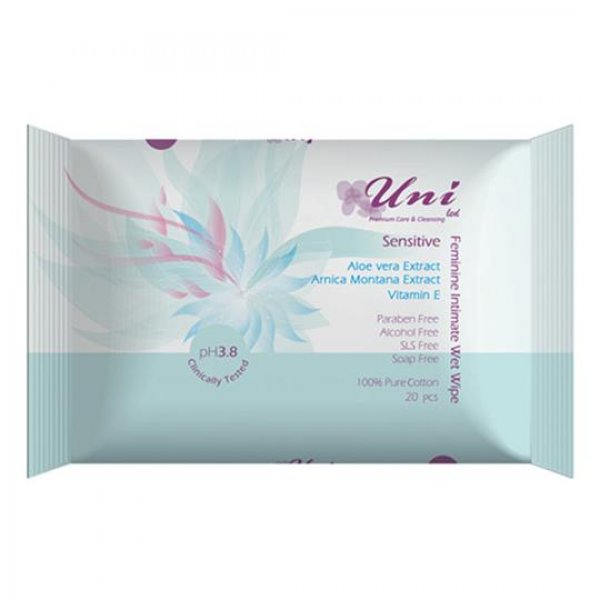 دستمال مرطوب بهداشتی نوع حساس مخصوص بانوان یونی‌لد بسته 20 برگی