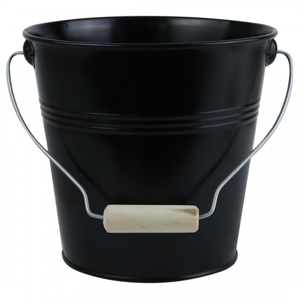 گلدان فلزی سطلی دسته یکسره چوبی ابعاد 20x19x14.5 سانتی‌متر رنگ مشکی