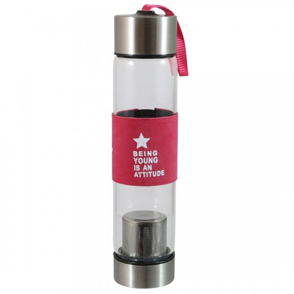 فلاسک دمنوش شیشه‌ای صافی‌دار صورتی H2O