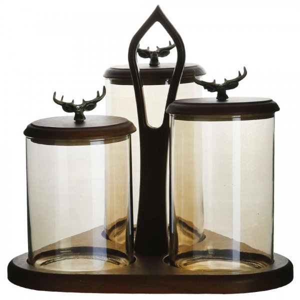 ظرف پذیرایی شیشه‌ای آنتیک درب‌ چوبی مدل گوزن 3 تکه